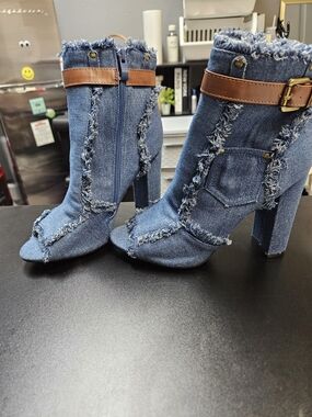 Denim Frayed Peep-Toe High Heel Ankle Boots with Brown Strap